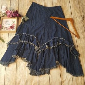 Cowgirl Fringe Tiered Denim Jean Skirt Long Modest